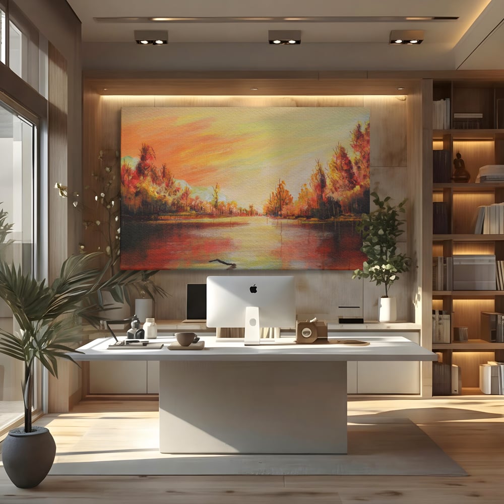 Tablou canvas cu pictura cu peisaj de toamna si lac, fara rama, pe sasiu de lemn, pe perete intr-un birou